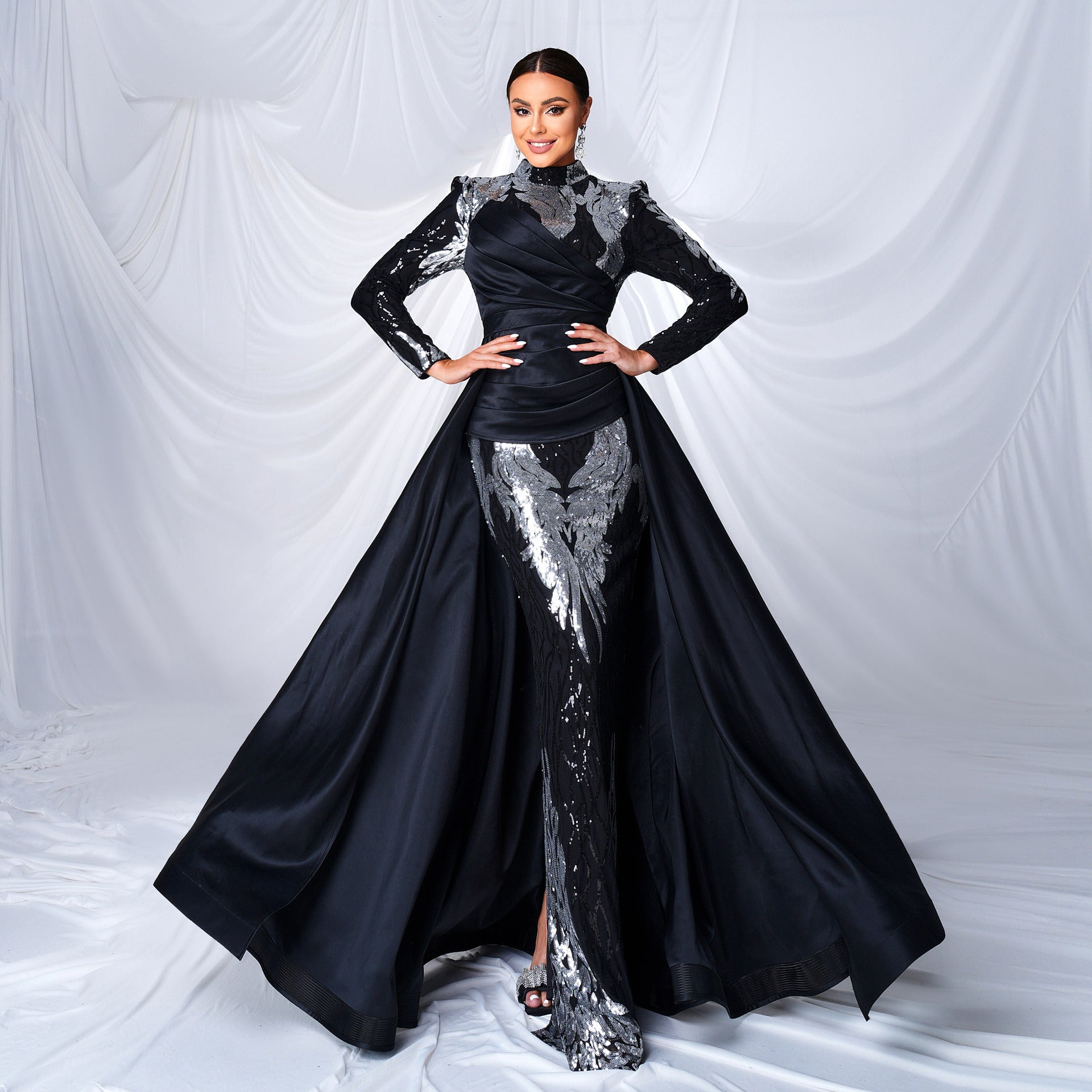 High End Long Sleeve Crew Neck Long Sequined Cocktail Fishtail Evening Dress Bridesmaid Dress Women by Ragazza