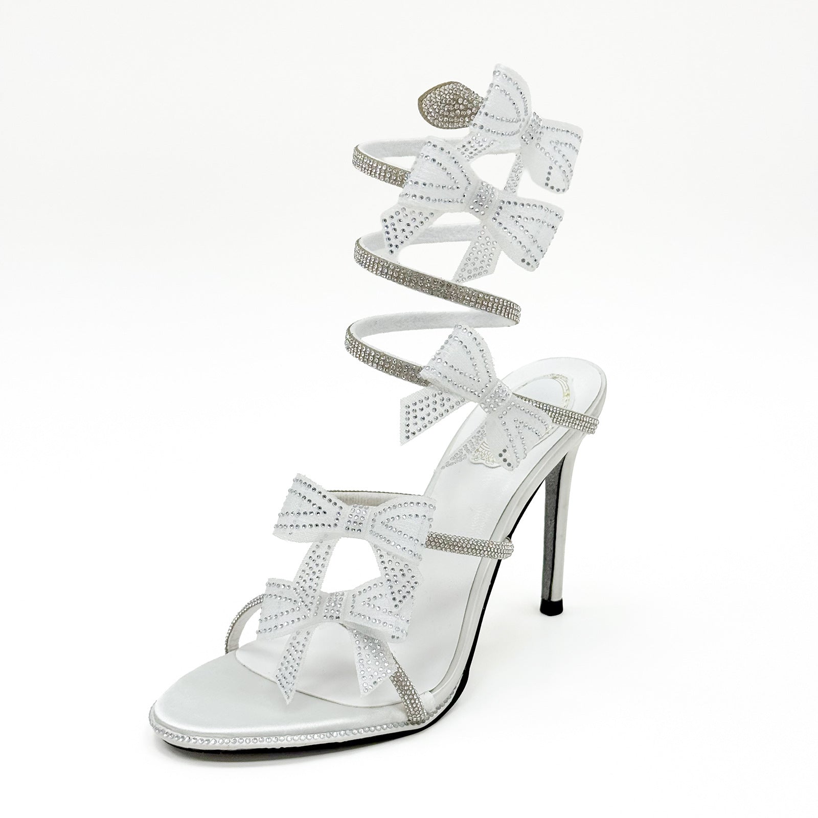 Black White Red Pink 10cm Stiletto Heel Small round Toe Rhinestone Bow High Heel Sandals Summer Heels DestGlow