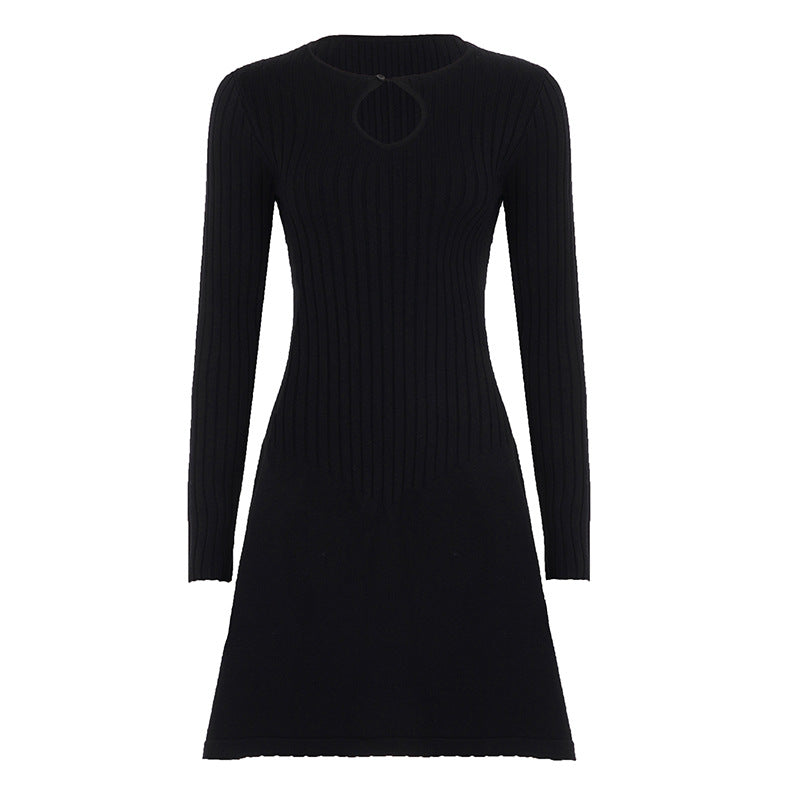 Autumn Winter Fashionable Woolen Dress Sexy Cutout Water Drop Collar Long Sleeve Tight Waist A line Dress DestGlow