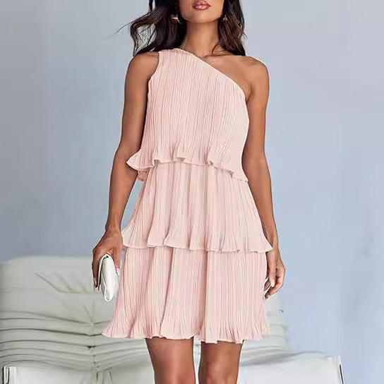 Spring Summer Women Clothing Oblique Shoulder Layered Stitching Hem Solid Color Dress Women by Ragazza