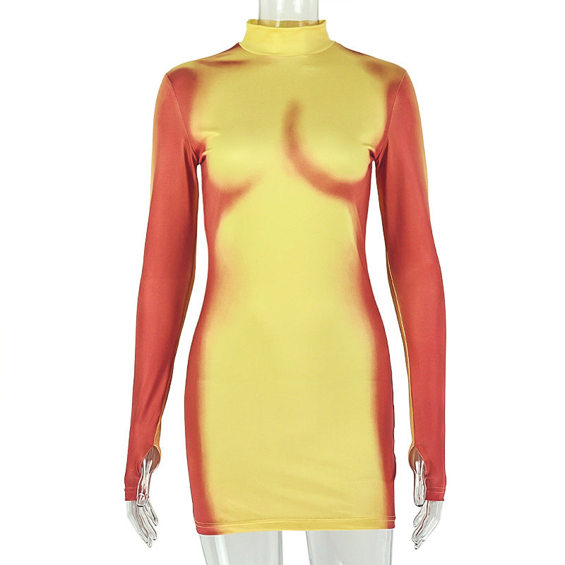 Color Matching Slimming Women Long Sleeve Sexy Hip Dress High Collar Sleeveless Short Special Dress Tide DestGlow