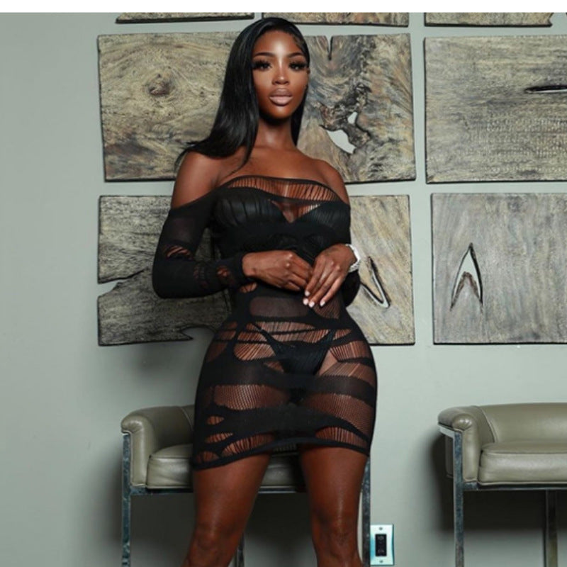 Solid Color Long Sleeve Hollow Out Cutout Sexy Mesh Stitching See through Hip Dress Sexy Dress DestGlow