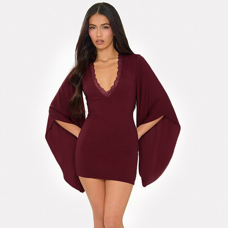 Women Clothing Autumn Solid Color Casual Lace Flared Long Sleeve Bodycon Dress DestGlow