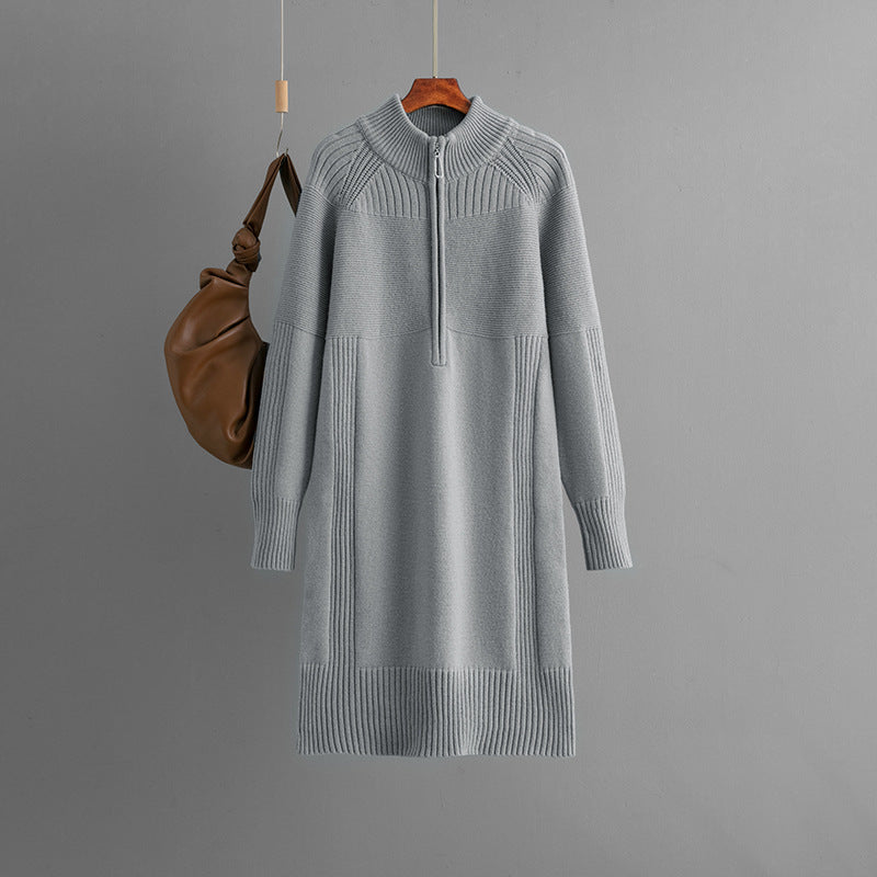 Zipper Woolen Autumn Winter Long Sleeve Thick Loose Mid Length Knitted Dress by Ragazza