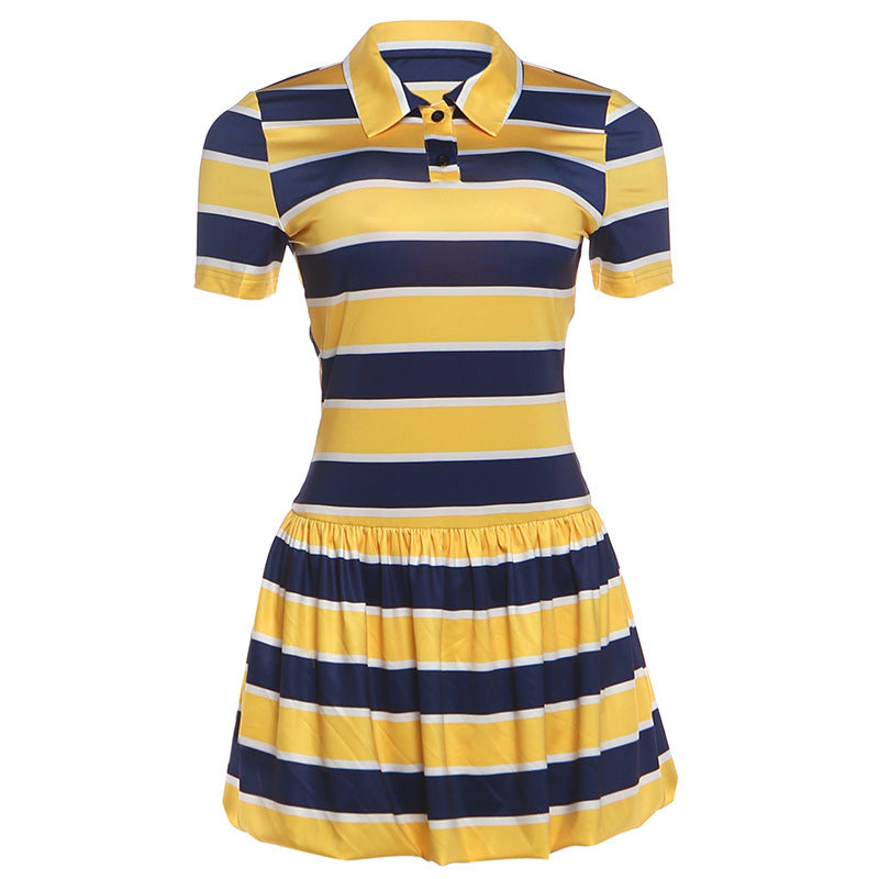 Summer Women Clothing Polo Collar Vintage Stripe Sports Short Sleeve Dress DestGlow