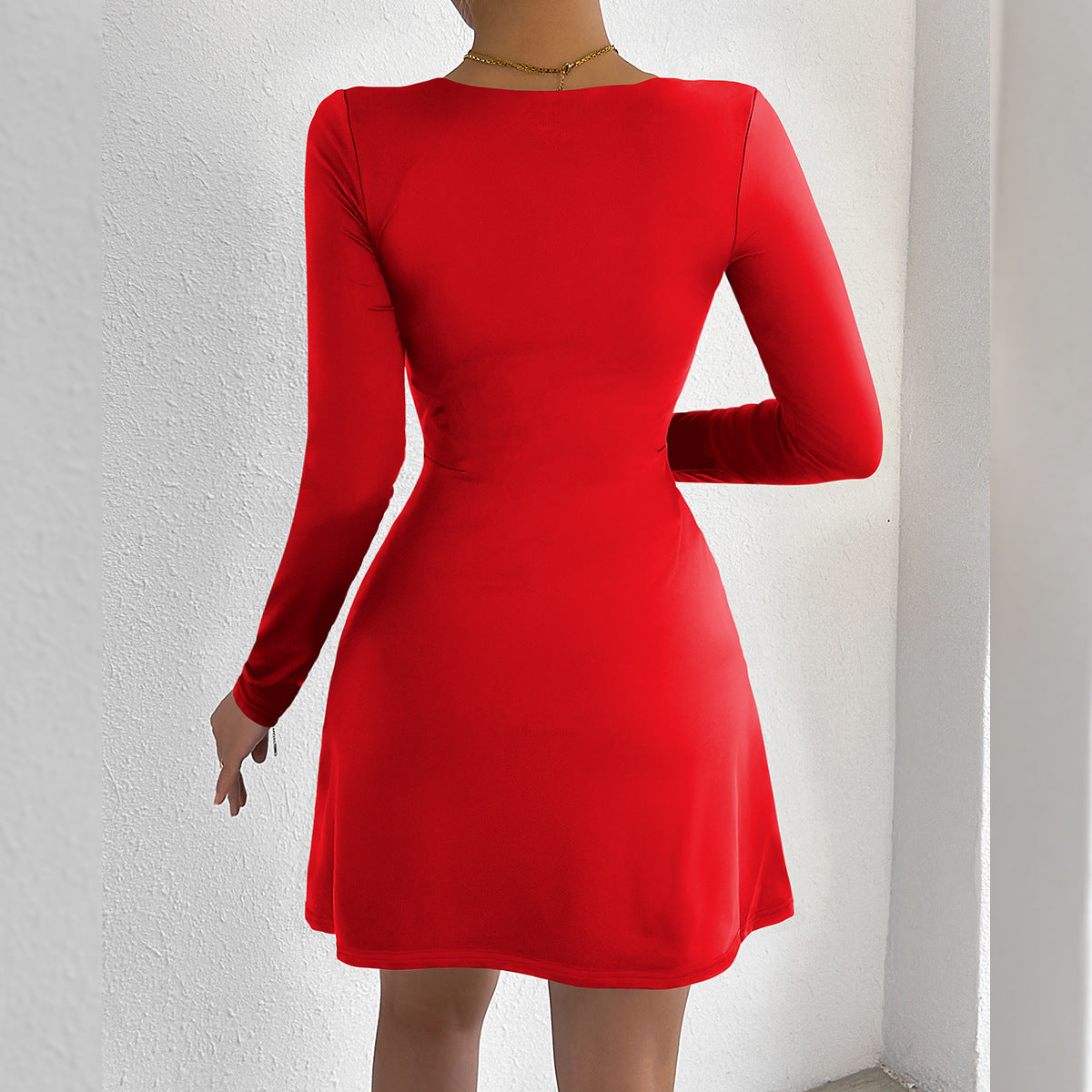Women Clothing Square Collar Tight Long Sleeve Slit Flared Mini Sexy Dress by Ragazza