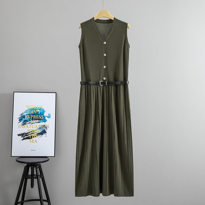 Summer Wear French Sleeveless Knitted Vest Pleated Elegant Dress Belt Cinched Slimming Maxi Dress Women DestGlow