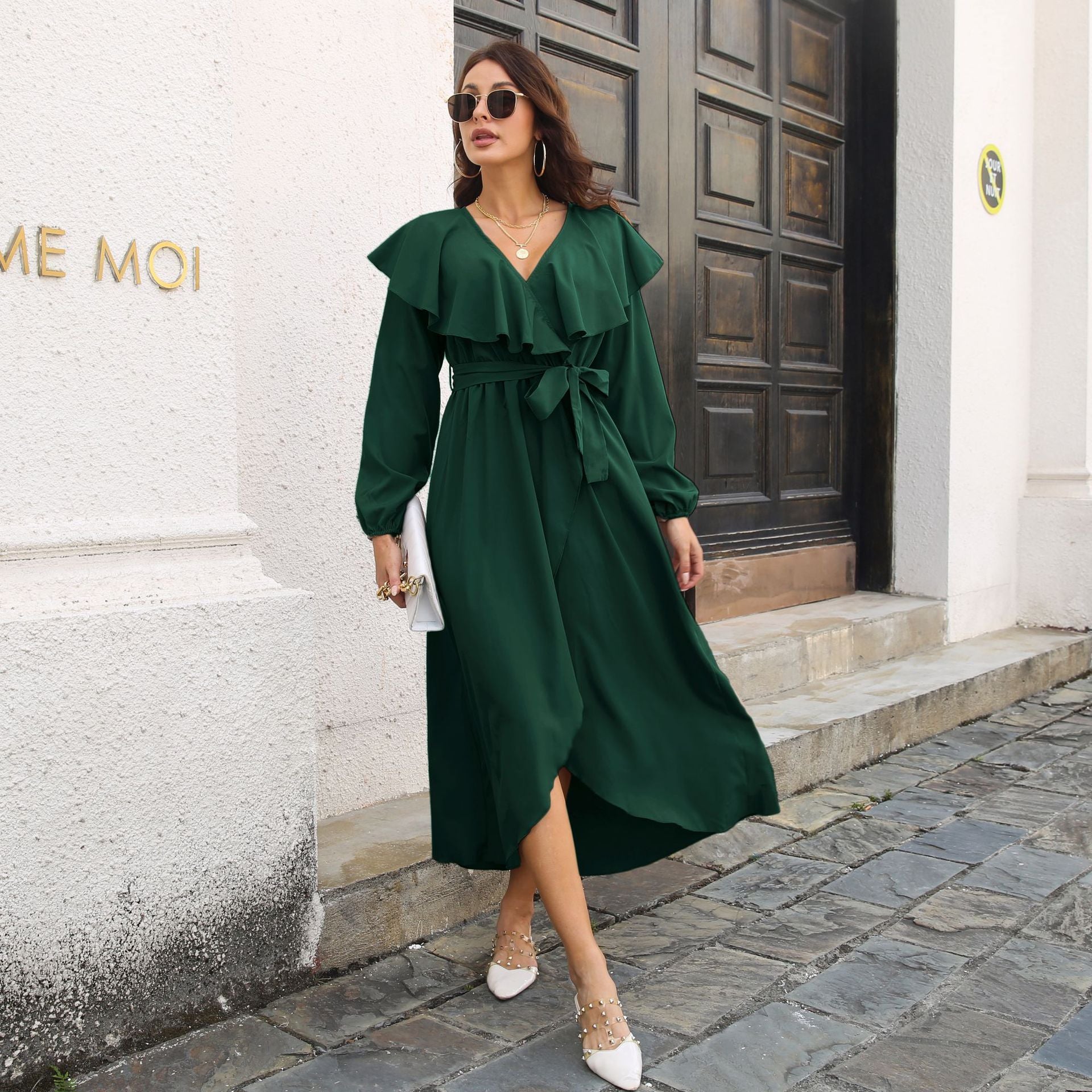 Ruffled V neck Long Sleeve Dress Wrap Split Expansion Maxi Dress Women Women Clothing by Ragazza