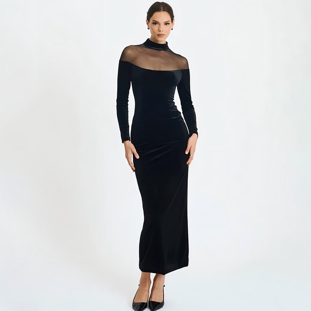 Autumn Winter Wear Voile See through Stitching Dress Sexy Tight Solid Color Dress by Ragazza