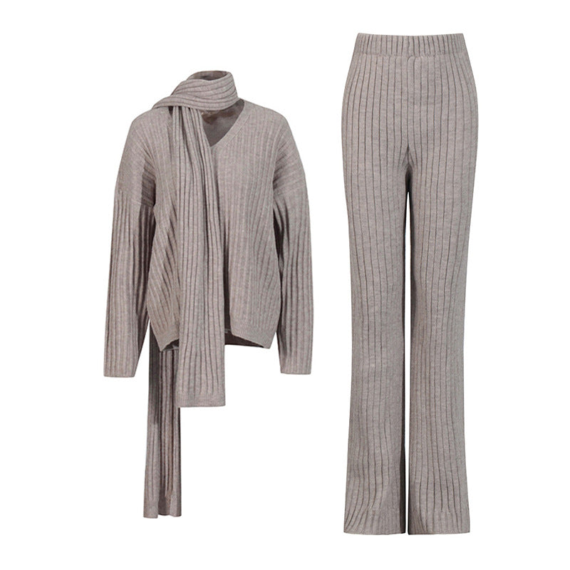 Women Autumn Winter High Grade Elegant Knitted Two Piece Scarf Design Loose Wide Leg Pants Set by Ragazza