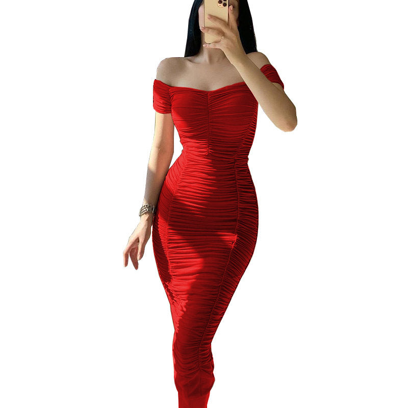Solid Color Dress Elegant Summer Women Clothing off-Shoulder Pleated Dress by Ragazza