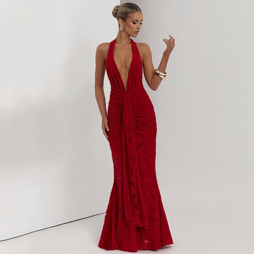 Lace Pleated Maxi Dress Women Sexy Deep V Plunge neck Backless Sheath Dress by Ragazza