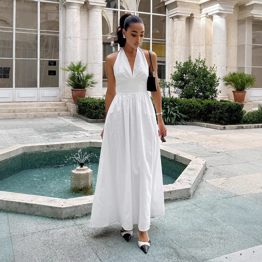 Pure Cottom Maxi Dress Spring Summer Tight Waist V neck Lace up Long Dress Large Swing Dress Women by Ragazza
