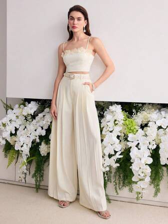 Spring Slim Fit High Grade Slim Sexy White Beautiful High Waist Wide Leg Women Two Piece Sets by Ragazza