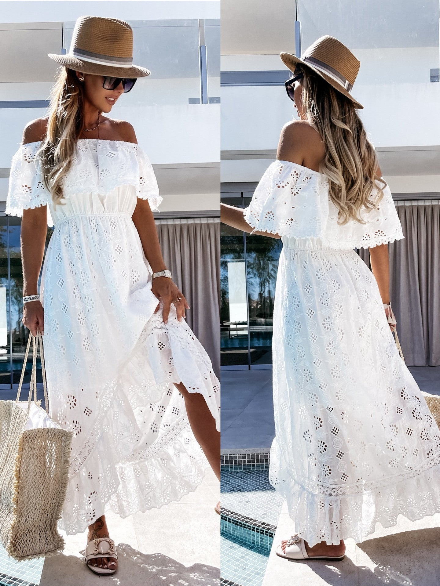 Bohemian Lace Dress White Beach Dress Tube Top off-Shoulder Sexy Dress for Women Eyelet Embroidery by Ragazza