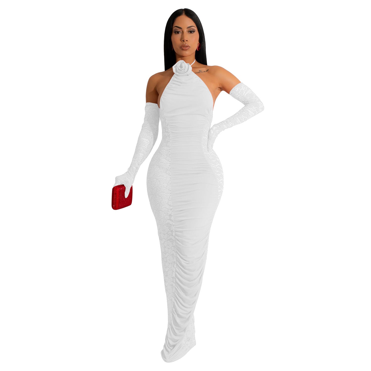 Women Solid Color Sleeve Cover Hollow Out Cutout Lace Maxi Dress Women by Ragazza