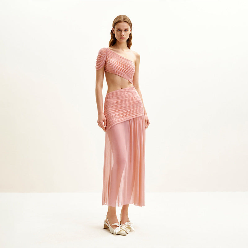 Shoulder Sleeve Pleating Cropped Outfit Mesh Stitching Solid Color Long Sheath Dress by Ragazza