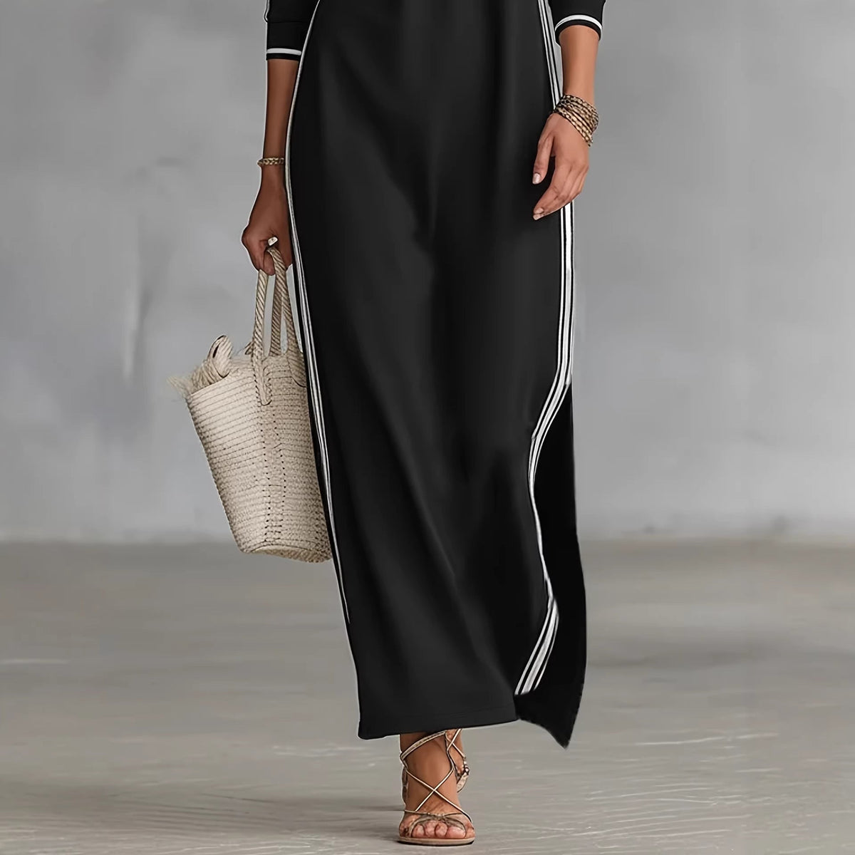 Maxi Dress Women Simple White Piping Collar Decorated with Buttons Sweater Dress DestGlow