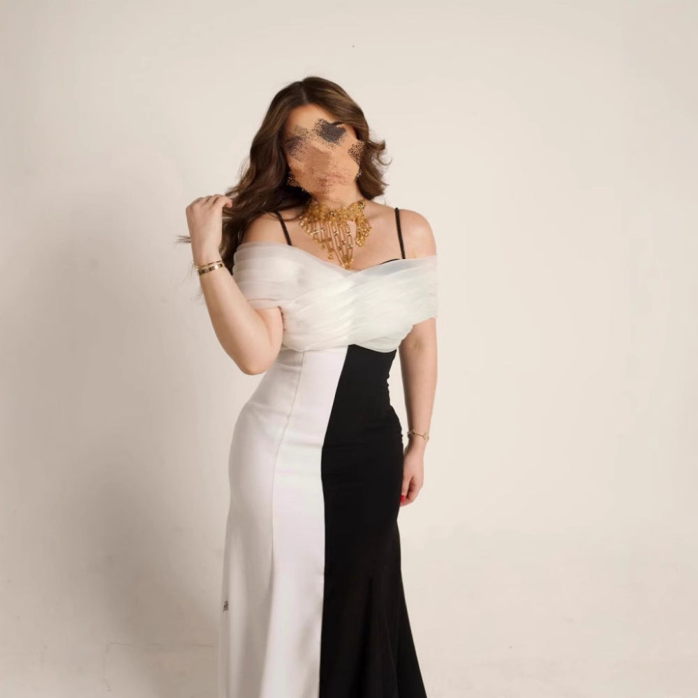Spring Summer Women Strap Color Matching Pleated Slim Elegance Retro Dress DestGlow