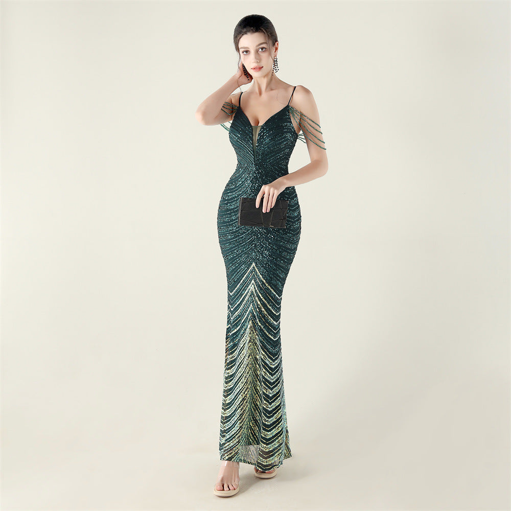 Deep V Plunge neck Wave Gradient Sequin Evening Dress Positioning Floral Cutting Craft Beaded Cocktail Battle Gown by Ragazza