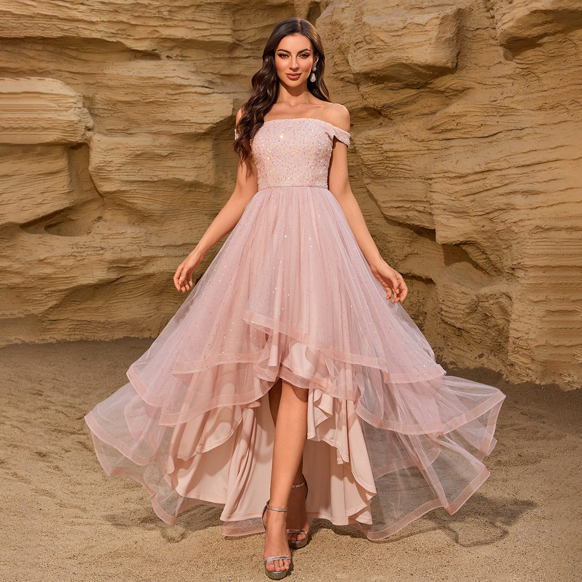 Summer Quality off Shoulder Sequin Stitching Mesh Irregular Asymmetric Multi Layer Evening Dress Party Mid Length Dress by Ragazza