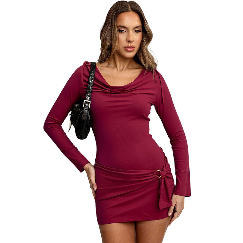 Adult Lady like Woman Design Burgundy Pile Collar Autumn Winter Long Sleeve Slim Fit Sheath Dress by Ragazza