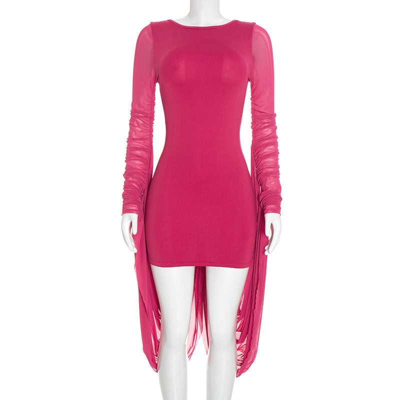 Women Clothing Autumn Solid Color Casual round Neck Backless Long Sleeves Ribbon Slim Short Dress DestGlow