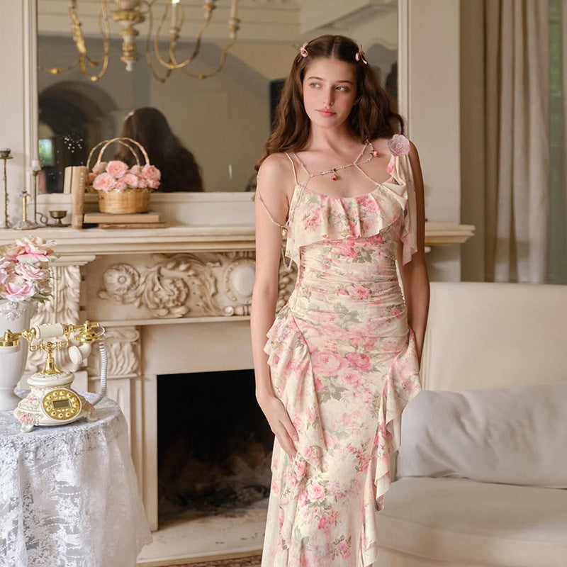 Spring Women Clothing French Sexy Ruffled Floral Decoration Printed Mesh Sling Dress by Ragazza