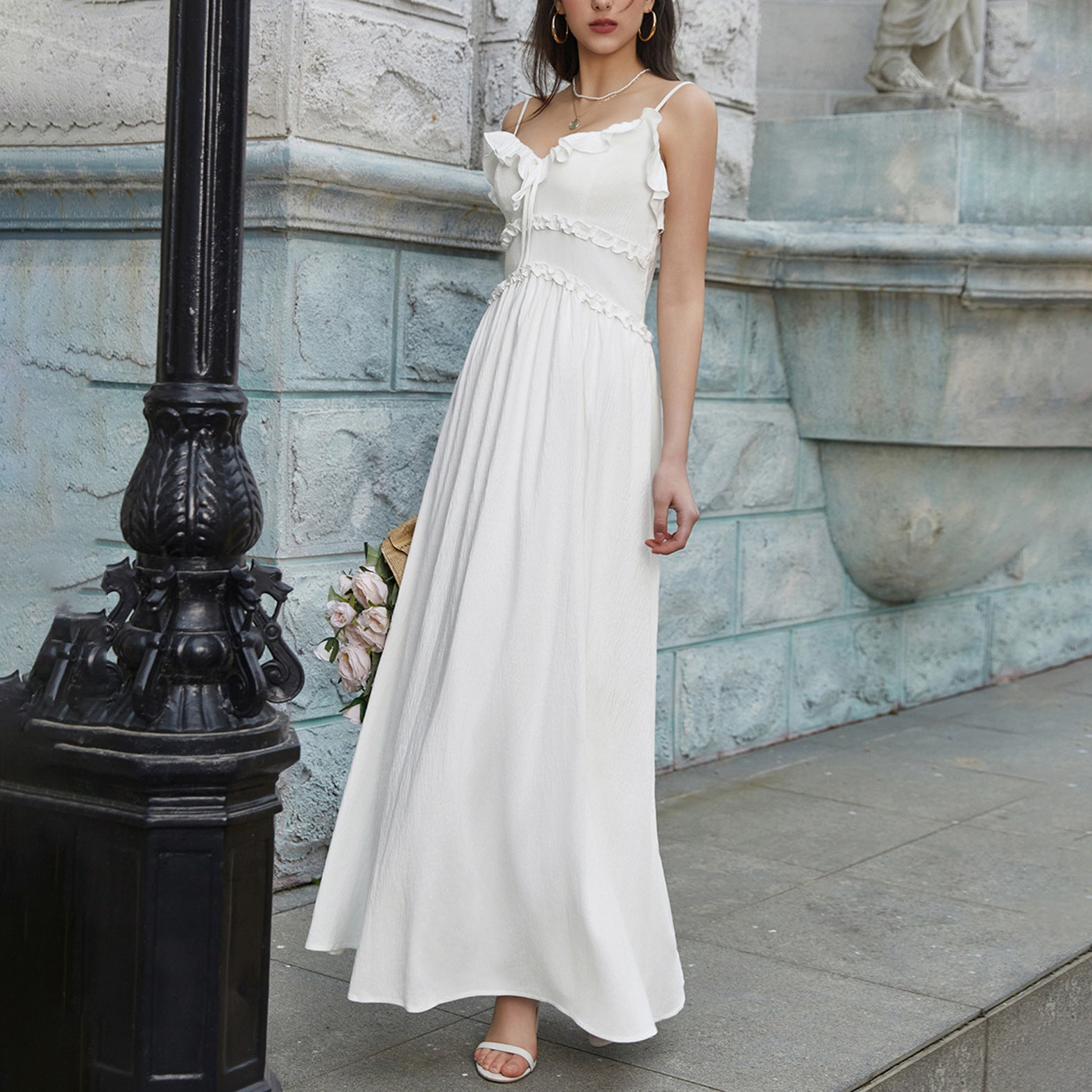 Summer Cool Ice Velvet Crepe Fabric Cami Dress Sexy V neck Flounce Decoration Slim Fit Maxi Dress DestGlow