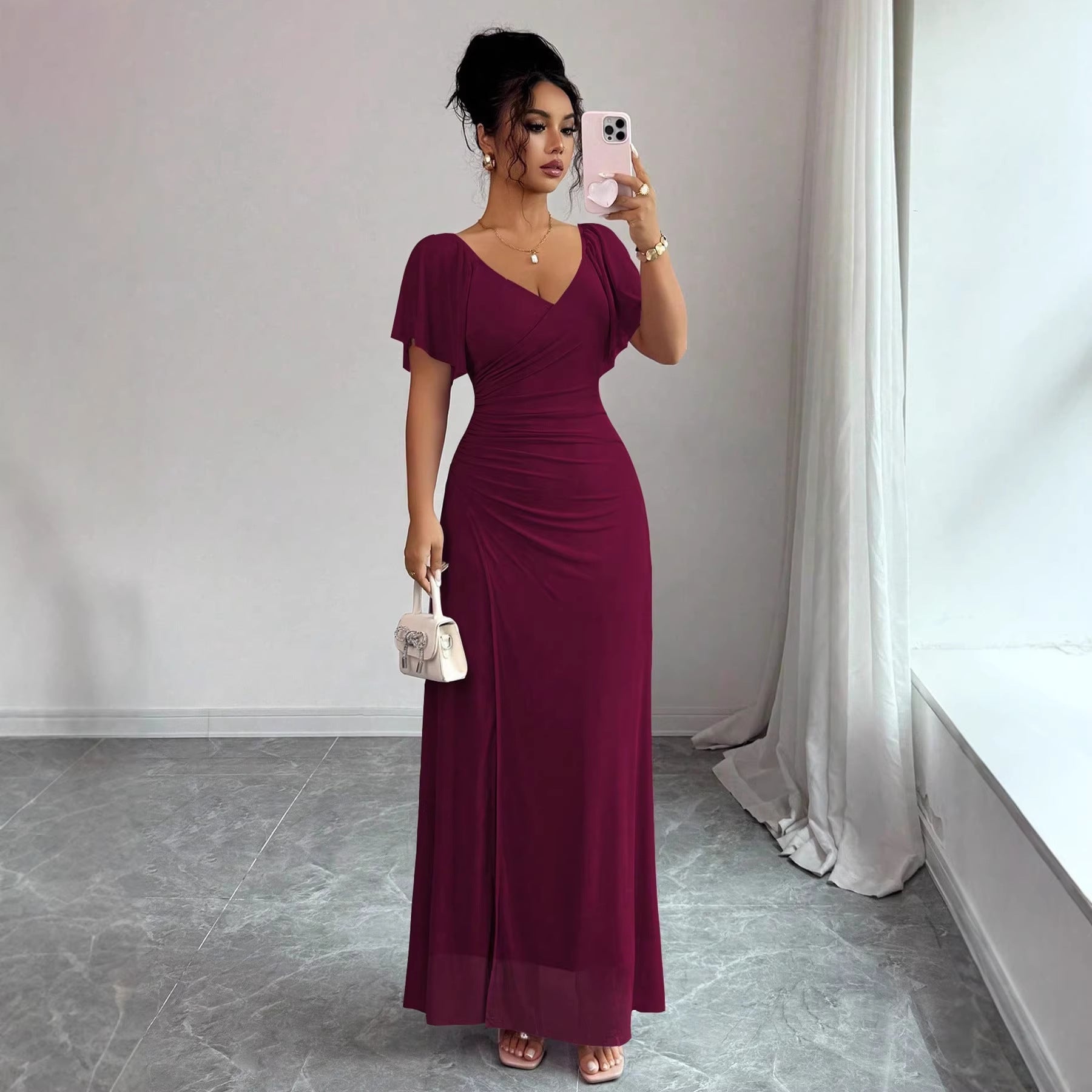 Women Elastic Net V Neck Patchwork Flying Sleeves Slit Evening Dress DestGlow
