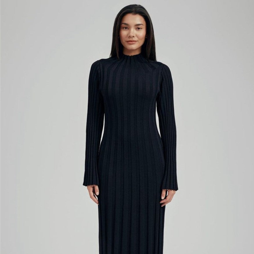 Autumn Winter Knitted Dress Casual Waist Tight round Neck Large Pit High Collar Slimming Knitted Maxi Dress for Women DestGlow