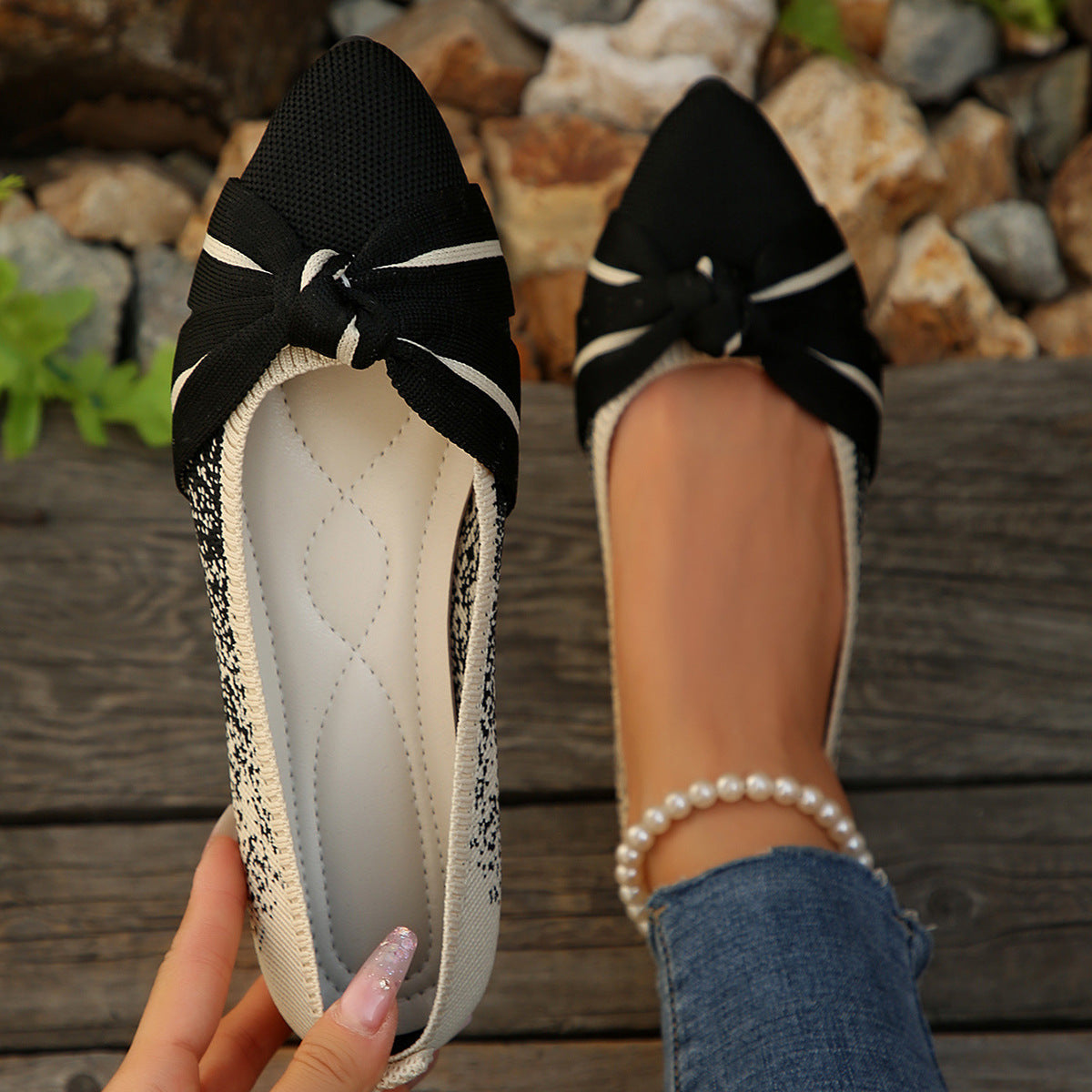 Lightweight Flyknit Soft Bottom Gommino Women Spring Autumn Color Blocking Bow Shallow Mouth Pumps DestGlow