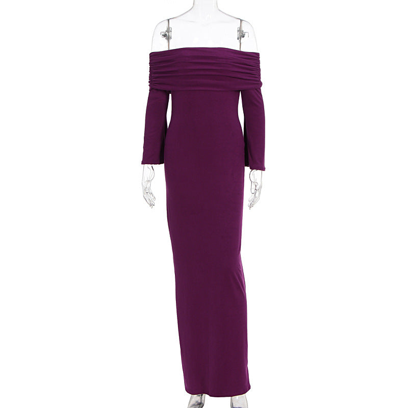 Maxi Dress Women Sexy Solid Color off Shoulder Pleated Long Sleeve Autumn Dress Women by Ragazza