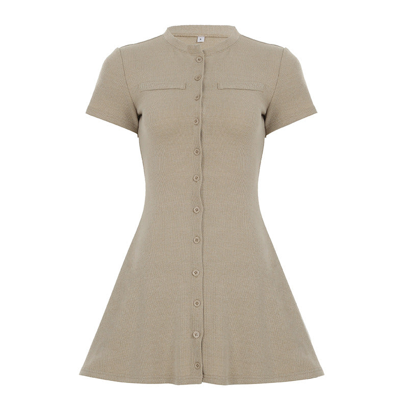 Women Clothing Solid Color Classic Knitted Dress round Neck Single Breasted Short Sleeve Waist A line Dress by Ragazza