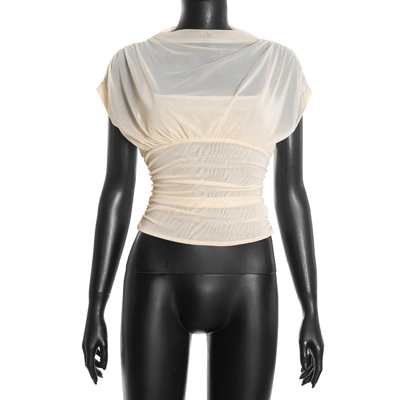 Women Clothing Solid Color Mesh Slim Fit Patchwork Turtleneck Short Sleeve Top by Ragazza