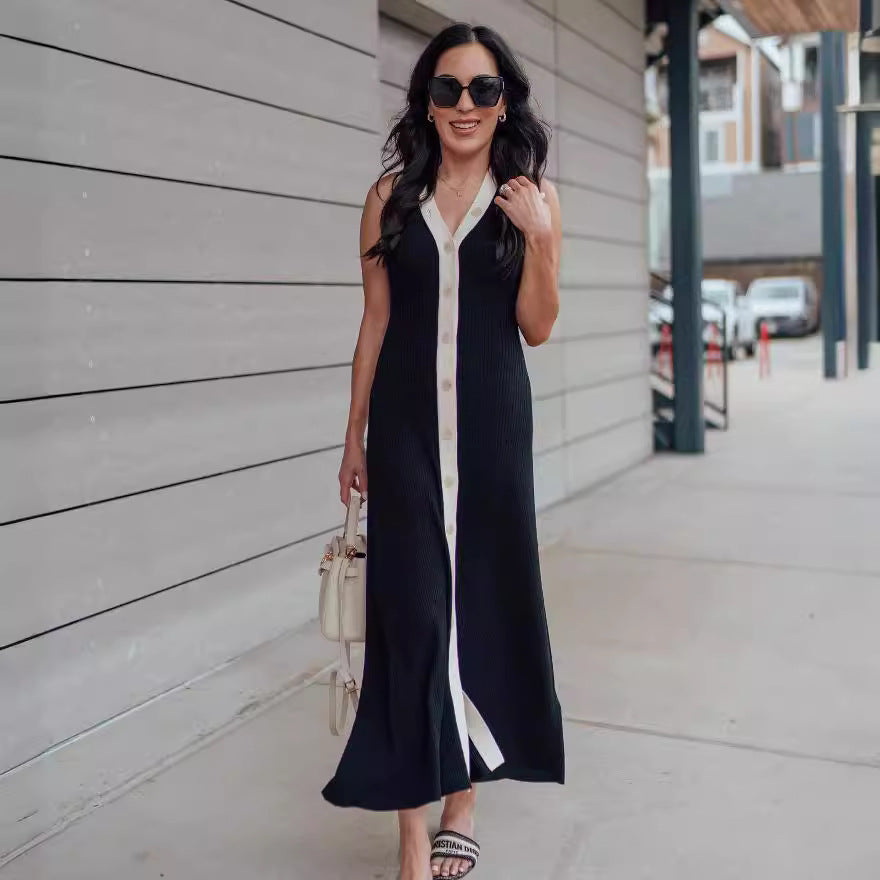 V neck Sleeveless Single Breasted Knitted Dress Tight Midi Dress Contrast Color Cardigan Sexy Summer Dress by Ragazza