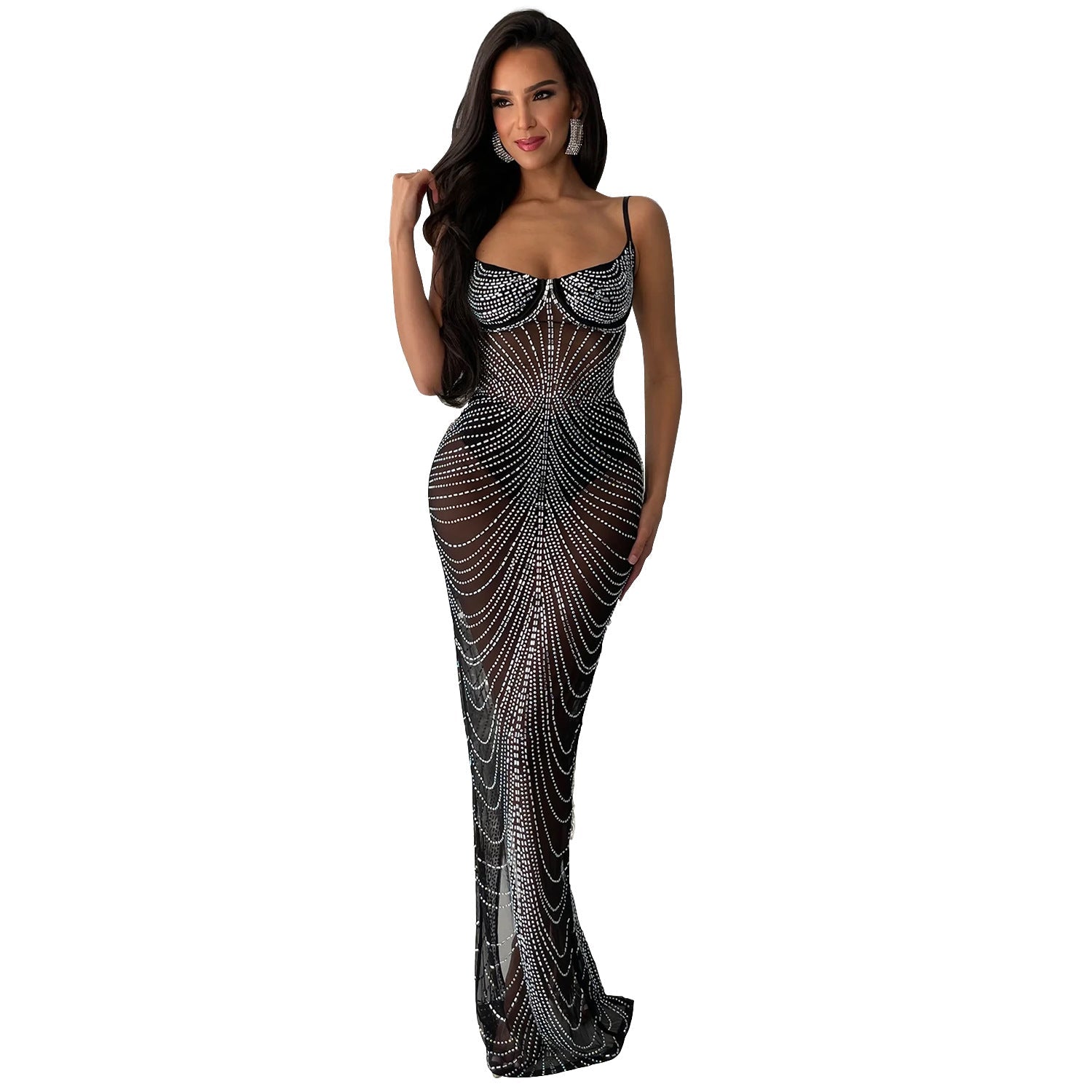 Women Wear Solid Color Mesh Drilling Sling Maxi Dress by Ragazza