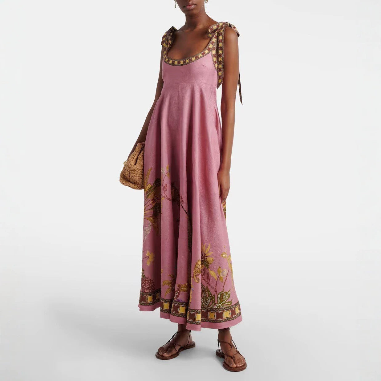 Positioning Floral Print Linen Sling Pocket Maxi Dress Bohemian Holiday Swing Dress by Ragazza