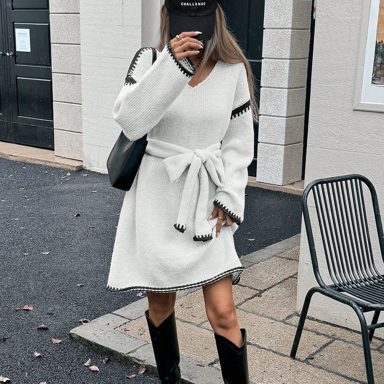 Idle Tie Waist Trimming Loose Knitted V neck Long Sleeve Fall Mid Length Dress Women by Ragazza