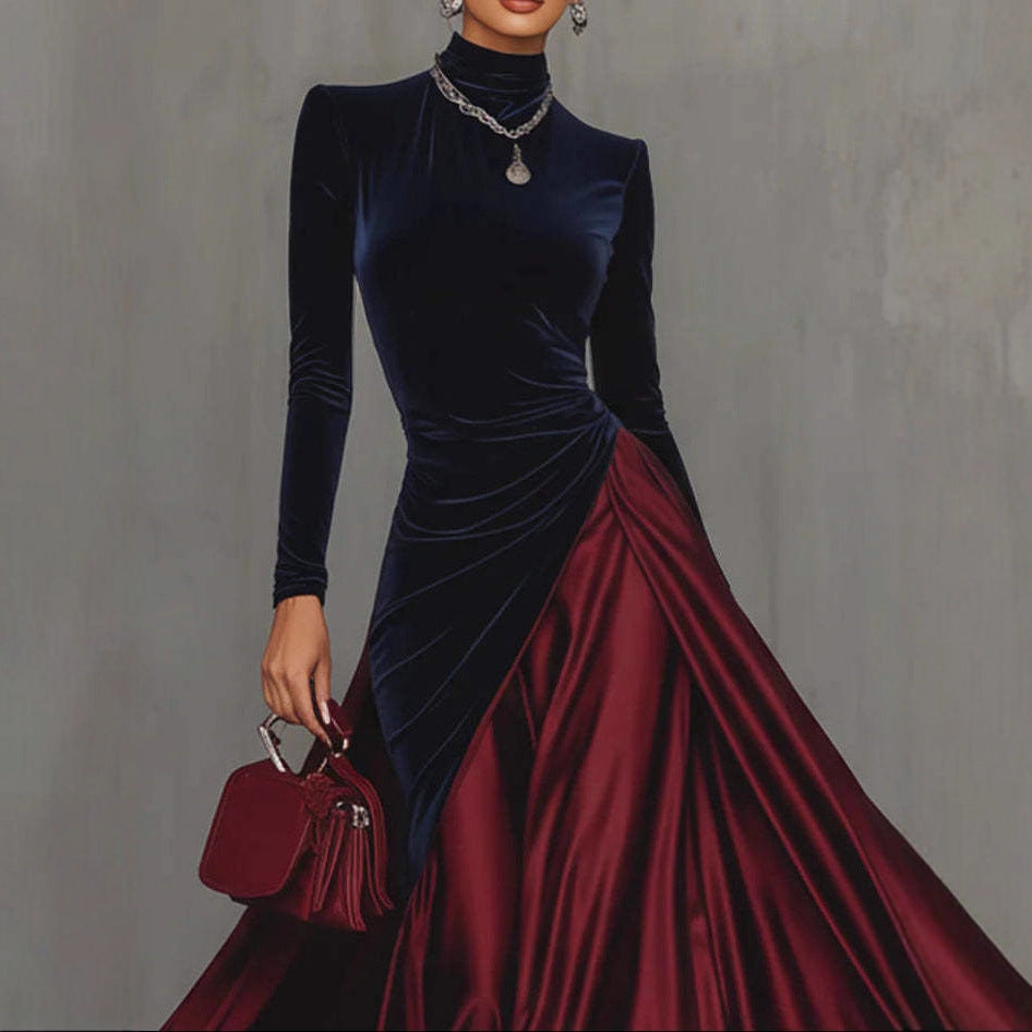 Spring Elegant Big Hem Umbrella Velvet Stitching Contrast Color Turtleneck Dress by Ragazza