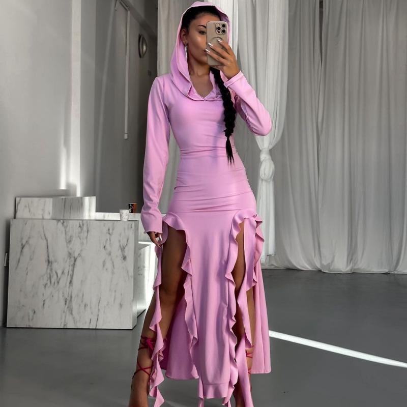 Summer Popular Trend Ruffled Stitching Long Sleeve Hooded Irregular Asymmetric Dress by Ragazza