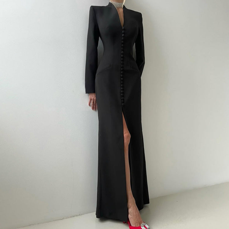V neck Long Sleeve High Waist Split French Dress Women Party Long Dress by Ragazza