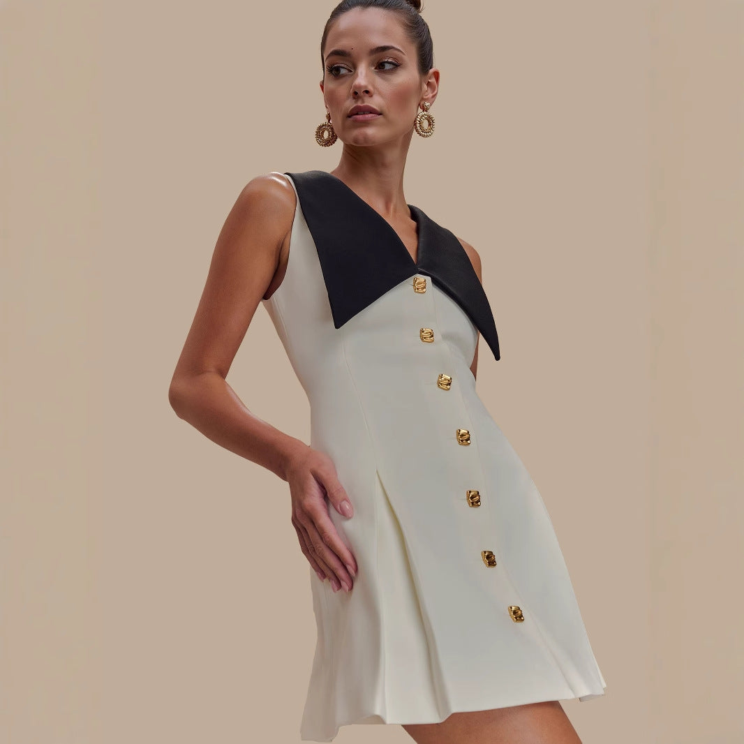 Socialite Large Collared Metal Buckle Sleeveless Waist Controlled Slimming Tuxedo Dress High Grade by Ragazza