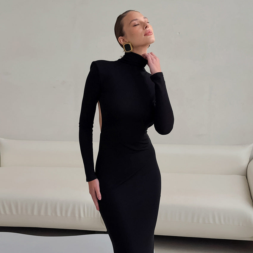 Spring Elegant Black Sexy Backless Knitted Slim Fit Long Sleeved Turtleneck Dress for Women by Ragazza