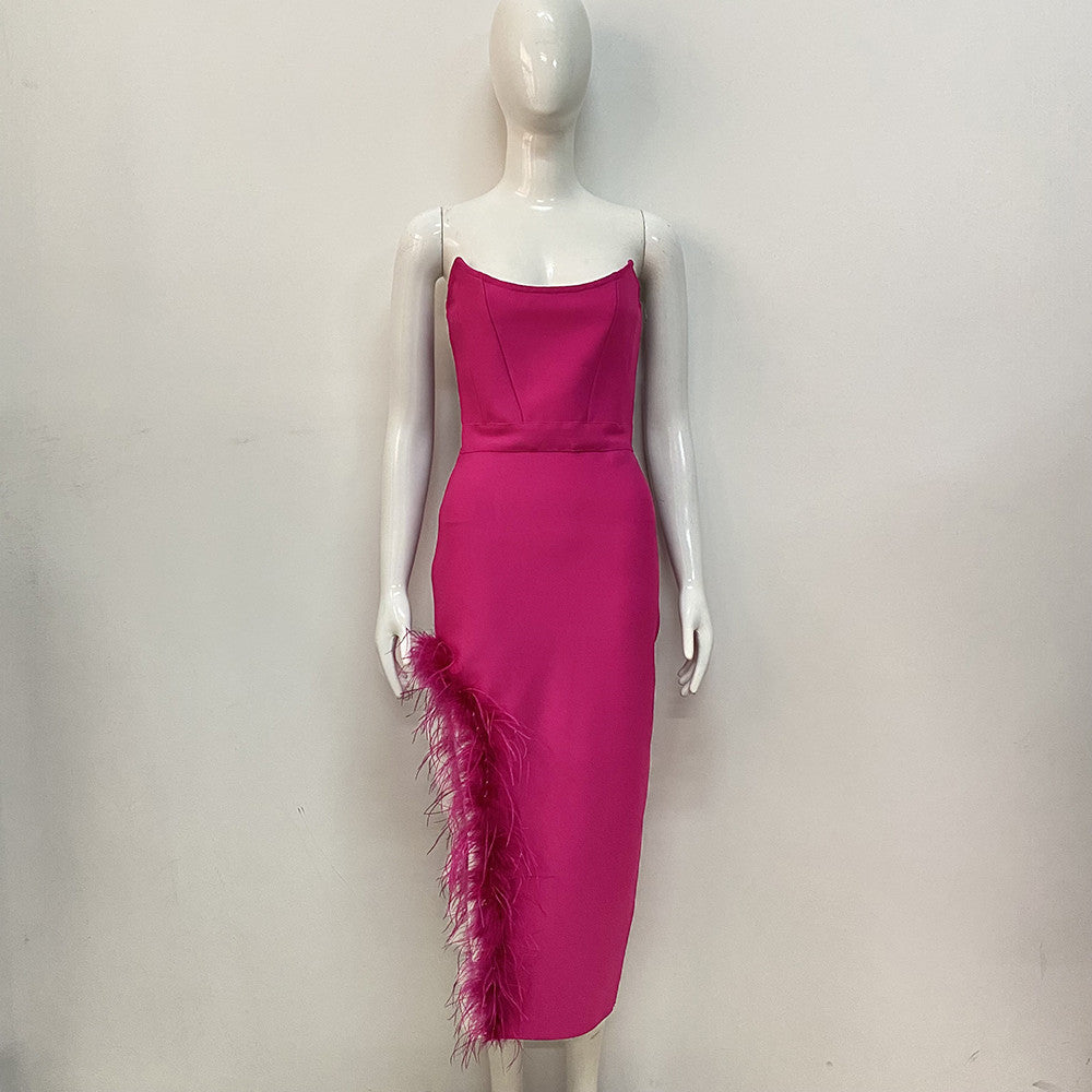 Sexy Split Tube Top Side Feather Bandage Slim Elastic Party Midi Dress Dress by Ragazza