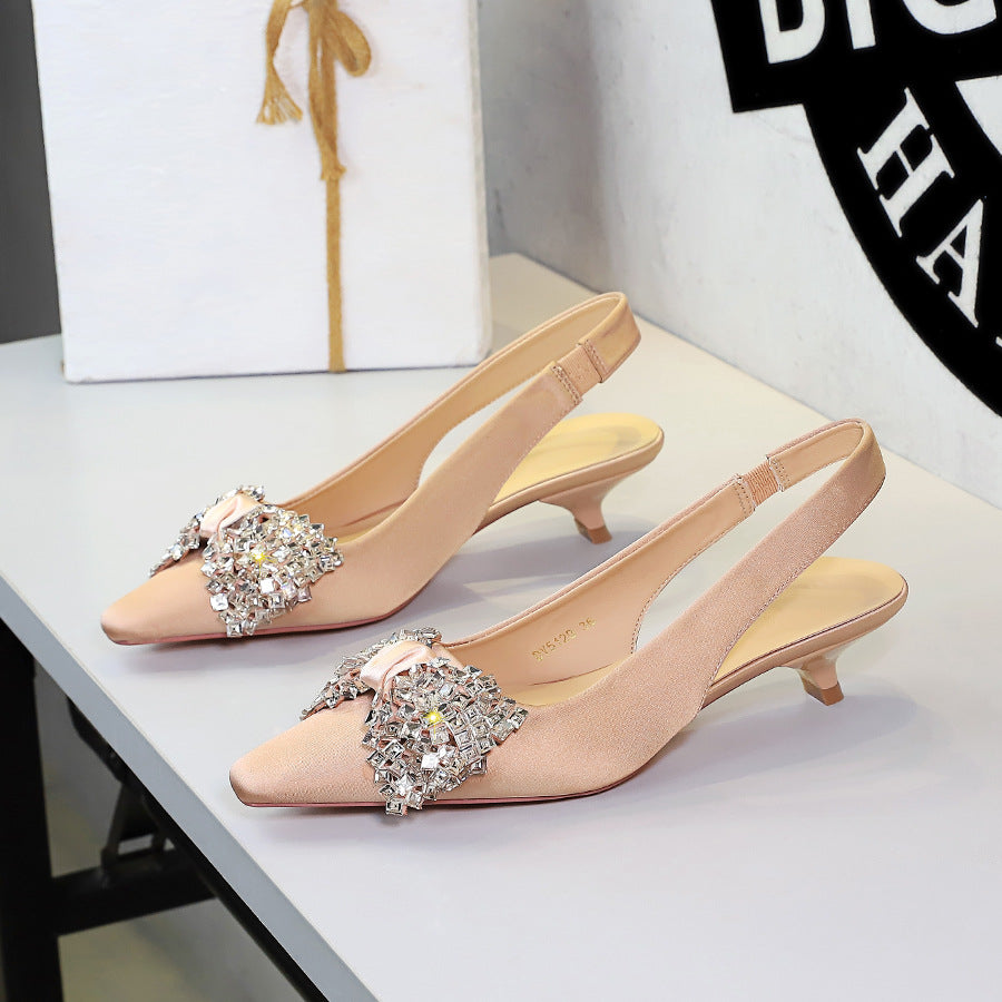 Diamond Big Bow Satin Sexy Back Empty Back Strap Low Heel Not Tired Foot Sandals DestGlow