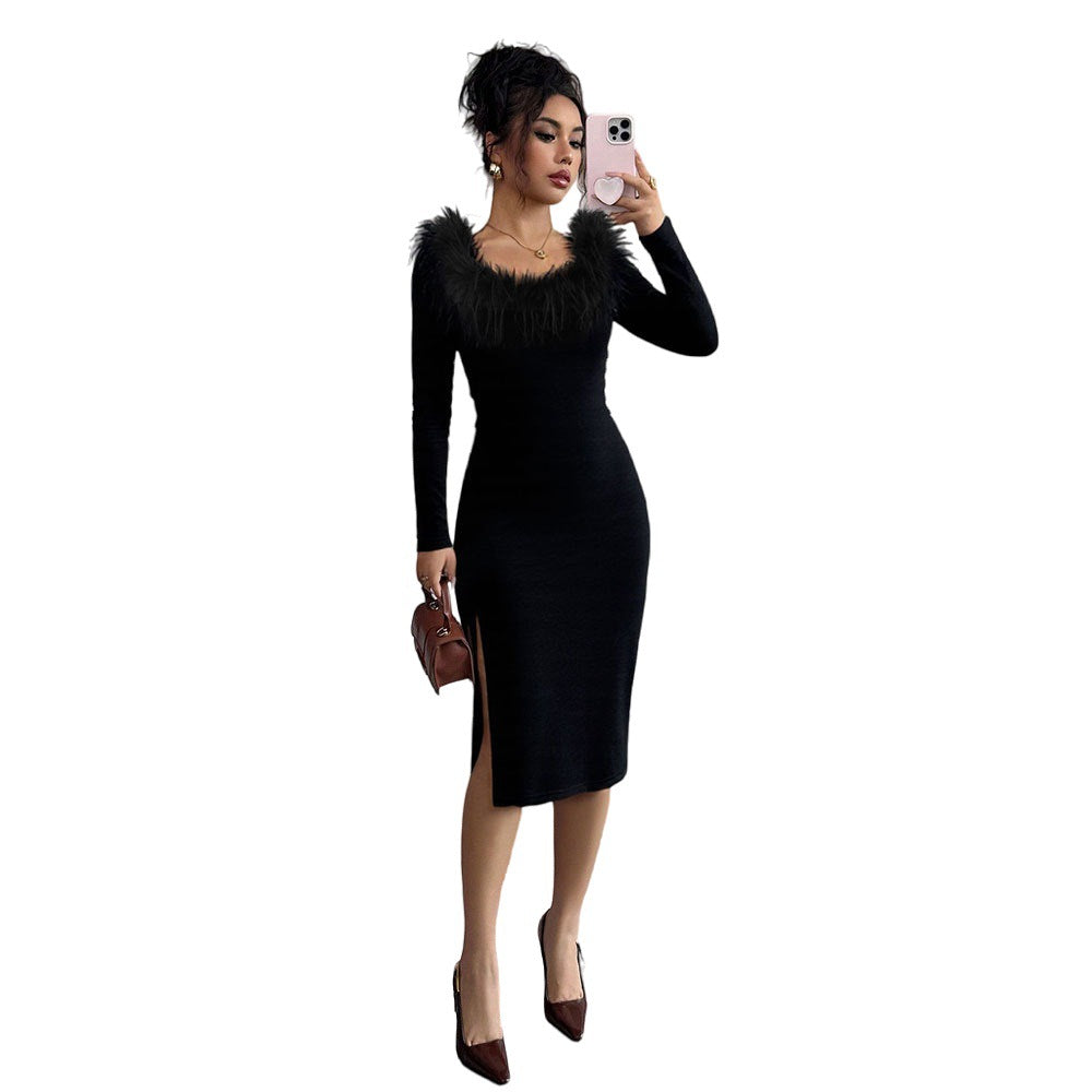 Black Plush Neckline Dress Women Fall Winter Slim Maxi Dress Side Slit Elegant Dinner Dress by Ragazza