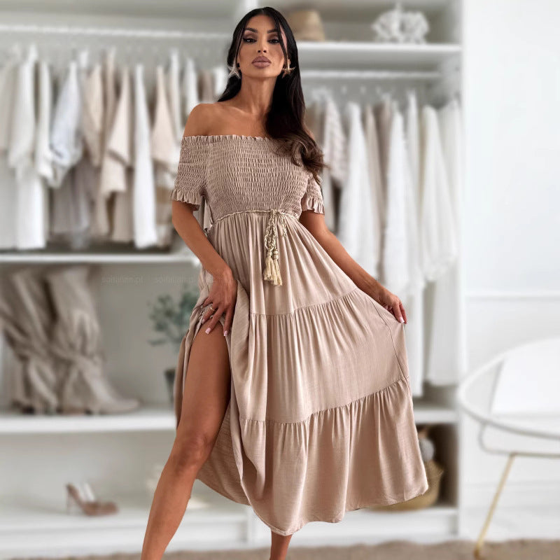 Women Clothing Summer Solid Color off Neck Short Sleeve Elastic Waisted Lace up Stitching Dress by Ragazza
