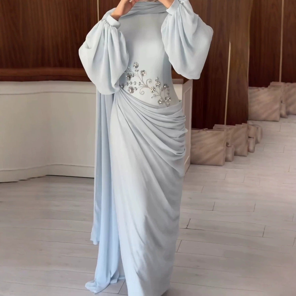 Chiffon Diamond Decorations Floral Long Sleeve Narrow Large Swing Elegant Dress DestGlow