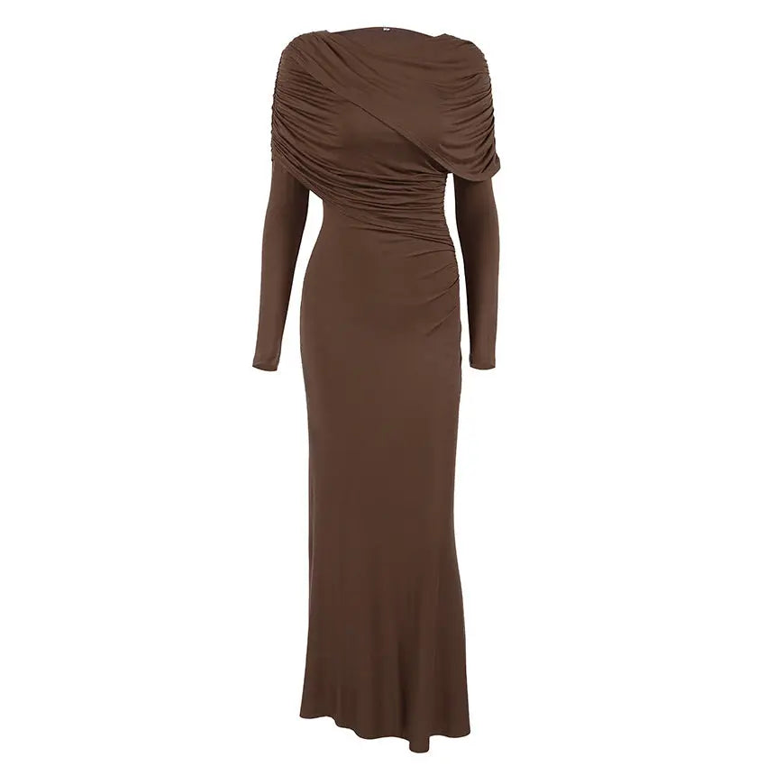 Fall Winter Elegant Long Sleeve Solid Color Knitted Slim Fit Maxi Dress Office Irregular Asymmetric Collar Dress for Women